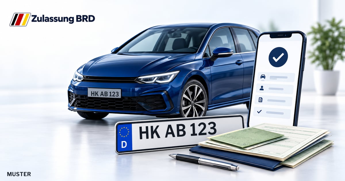 Online Fahrzeugzulassung in Munster: Musterkennzeichen HK AB 123, Auto und Fahrzeugpapiere und Smartphone. Illustration mit Logo von Zulassung BRD.